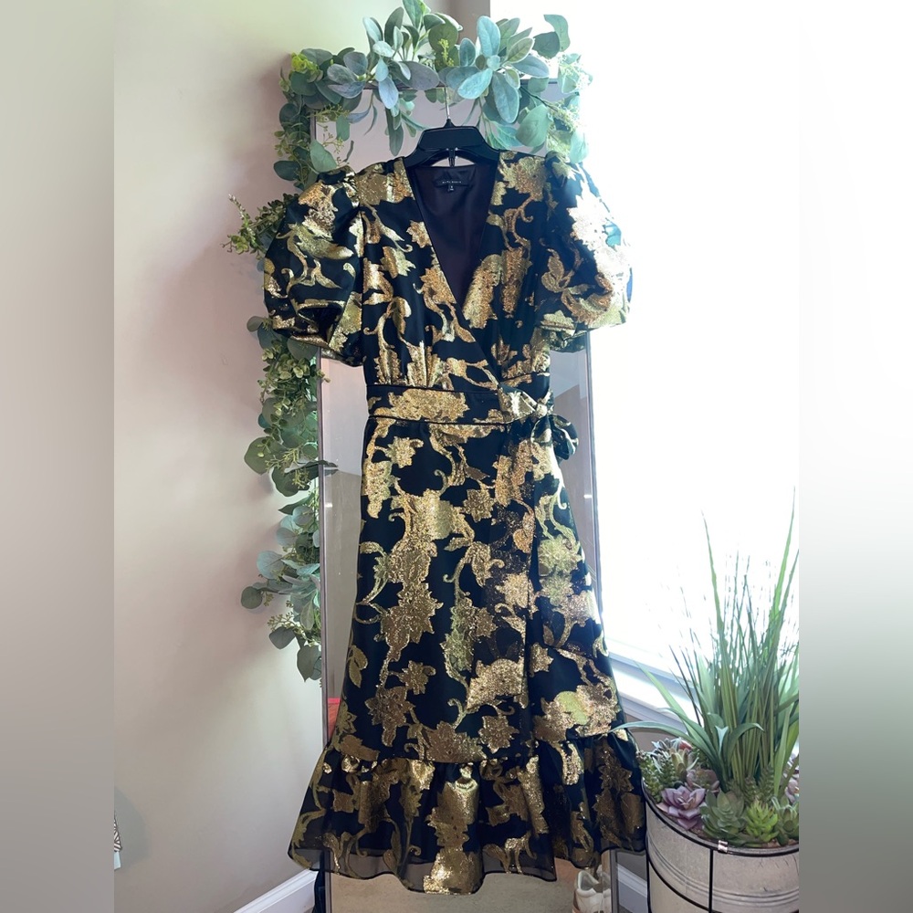 Alex Marie Elegant Gold Floral Wrap Dress